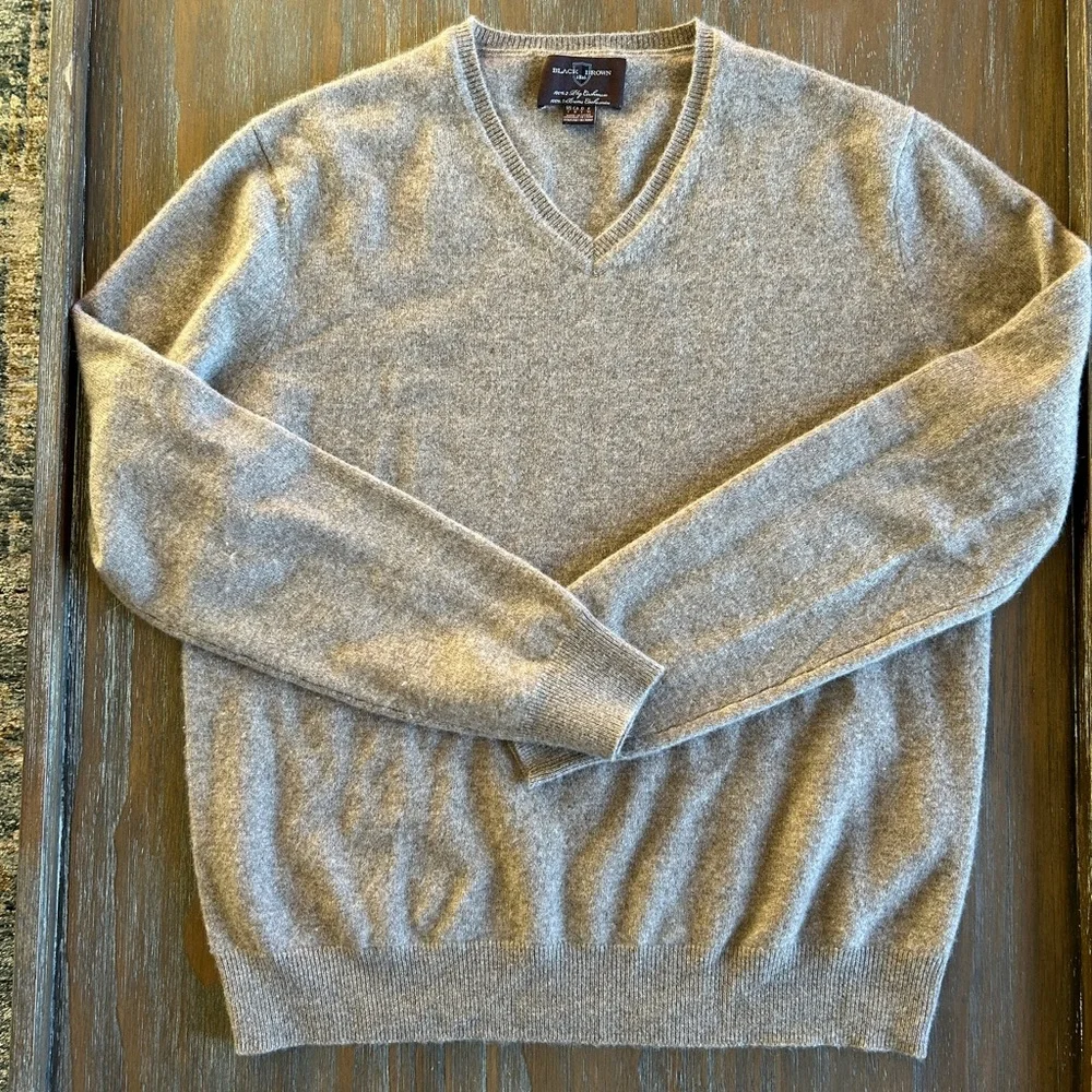 Black Brown 1826 100% Cashmere V-Neck Beige Marled Sweater Large